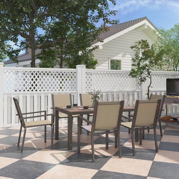 7 Piece Patio Dining Set, Outdoor Dining Table and 6 Stackable Chairs, Metal Patio Furniture Set with WPC Top, Breathable Mesh for Garden, Backyard, Poolside, Khaki