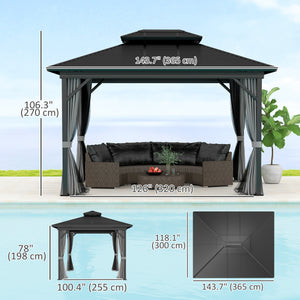 10' x 12' Hardtop Gazebo, Aluminum Frame Garden Sun Shelter with Double Tier Metal Roof, Mosquito Netting, Curtains, and Hanging Hook, Light Grey