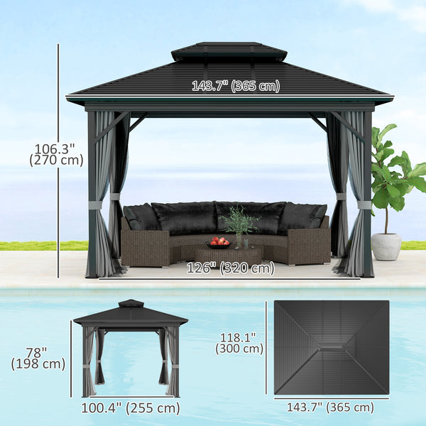 10' x 12' Hardtop Gazebo, Aluminum Frame Garden Sun Shelter with Double Tier Metal Roof, Mosquito Netting, Curtains, and Hanging Hook, Light Grey