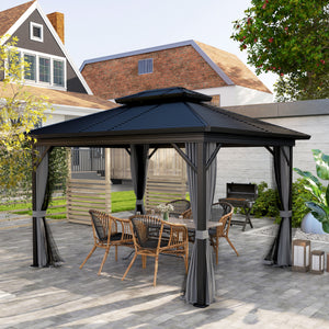 10' x 12' Hardtop Gazebo, Aluminum Frame Garden Sun Shelter with Double Tier Metal Roof, Mosquito Netting, Curtains, and Hanging Hook, Light Grey