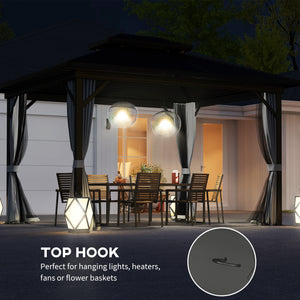 10' x 12' Hardtop Gazebo, Aluminum Frame Garden Sun Shelter with Double Tier Metal Roof, Mosquito Netting, Curtains, and Hanging Hook, Light Grey