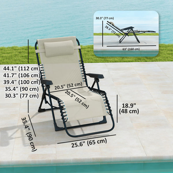 Zero Gravity Chair, Folding Outdoor Lounge Chair, 5-Position Adjustable Patio Lounger Recliner with Padded Removable Headrest for Lawn, Beach, Poolside, Beige