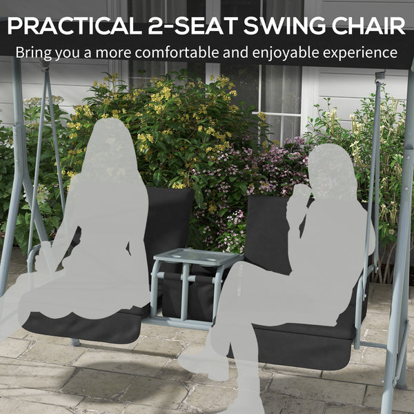 2 Person Porch Swing with Stand, Outdoor Swing with Canopy, Pivot Storage Table, 2 Cup Holders, Cushions for Patio, Backyard, Black
