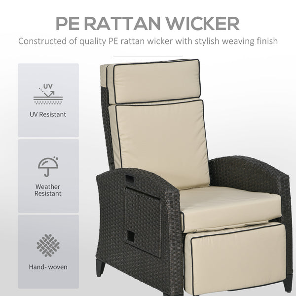 Garden Recliner with Cushion, PE Wicker Outdoor Recliner Chair with Adjustable Backrest & Footrest, Rattan Recliner Chair with Armrests and Side Tray for Balcony, Porch, Khaki/Brown