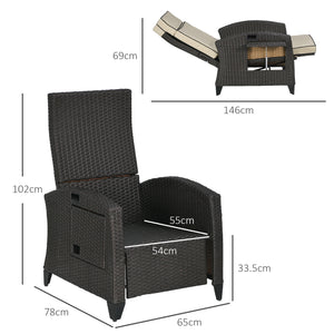 Garden Recliner with Cushion, PE Wicker Outdoor Recliner Chair with Adjustable Backrest & Footrest, Rattan Recliner Chair with Armrests and Side Tray for Balcony, Porch, Khaki/Brown