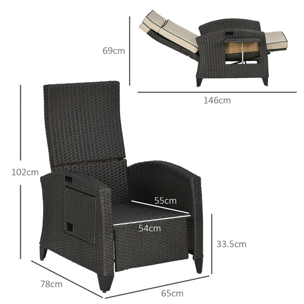 Garden Recliner with Cushion, PE Wicker Outdoor Recliner Chair with Adjustable Backrest & Footrest, Rattan Recliner Chair with Armrests and Side Tray for Balcony, Porch, Khaki/Brown