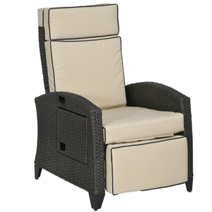 Garden Recliner with Cushion, PE Wicker Outdoor Recliner Chair with Adjustable Backrest & Footrest, Rattan Recliner Chair with Armrests and Side Tray for Balcony, Porch, Khaki/Brown