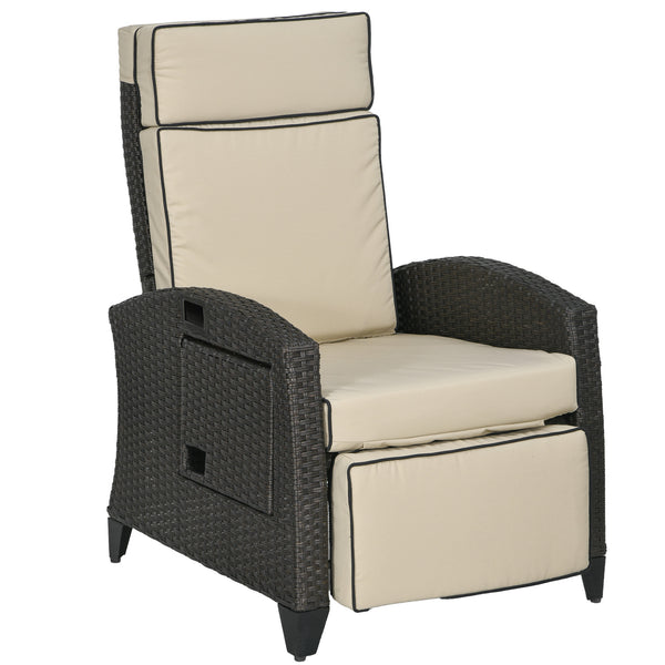 Garden Recliner with Cushion, PE Wicker Outdoor Recliner Chair with Adjustable Backrest & Footrest, Rattan Recliner Chair with Armrests and Side Tray for Balcony, Porch, Khaki/Brown