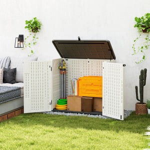 185 Gallon Outdoor Storage Cabinet Deck Box, Waterproof Horizontal Storage Shed with Openable Top and Lockable Doors for Lawnmower, Garbage Bin, Patio Accessories