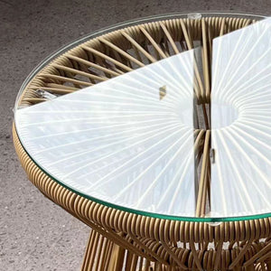 Freestanding End Table, Round Hollow Drum Design Side Table with Round PE Rattan and Tempered Glass Tabletop for Patio, Garden, Balcony, Beige