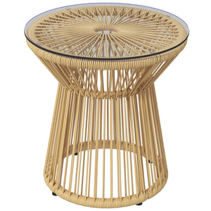 Freestanding End Table, Round Hollow Drum Design Side Table with Round PE Rattan and Tempered Glass Tabletop for Patio, Garden, Balcony, Beige