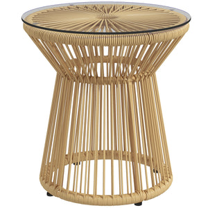 Freestanding End Table, Round Hollow Drum Design Side Table with Round PE Rattan and Tempered Glass Tabletop for Patio, Garden, Balcony, Beige