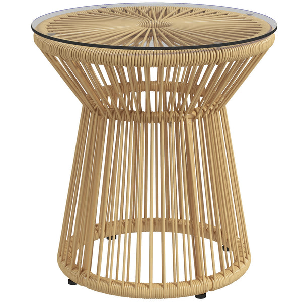 Freestanding End Table, Round Hollow Drum Design Side Table with Round PE Rattan and Tempered Glass Tabletop for Patio, Garden, Balcony, Beige