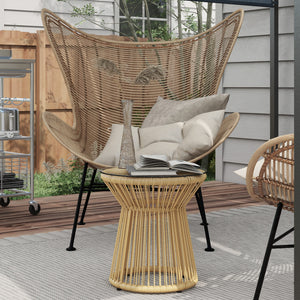 Freestanding End Table, Round Hollow Drum Design Side Table with Round PE Rattan and Tempered Glass Tabletop for Patio, Garden, Balcony, Beige