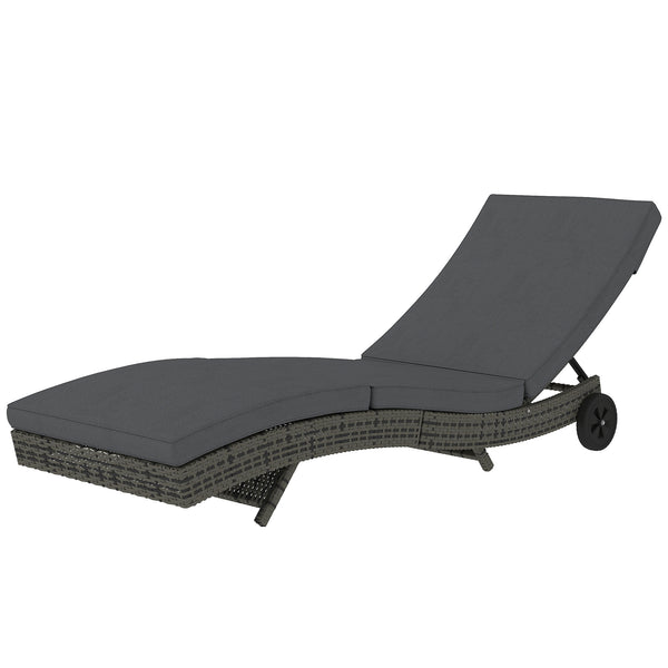 Outdoor PE Rattan Sun Lounger, Wicker Garden Lounger with Cushion, 5-Level Adjustable Backrest, Rolling Sunbed with Wheels for Patio Beach, Dark Grey