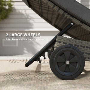 Outdoor PE Rattan Sun Lounger, Wicker Garden Lounger with Cushion, 5-Level Adjustable Backrest, Rolling Sunbed with Wheels for Patio Beach, Dark Grey
