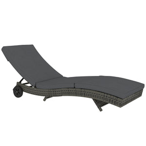 Outdoor PE Rattan Sun Lounger, Wicker Garden Lounger with Cushion, 5-Level Adjustable Backrest, Rolling Sunbed with Wheels for Patio Beach, Dark Grey