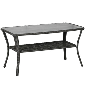 43.3" PE Rattan Outdoor Coffee Table with Storage Shelf, Hand-Woven Patio Wicker Side Table, 2-Layer Storage Table with Glass Top, for Garden, Porch, Backyard, Black