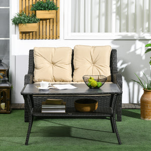 43.3" PE Rattan Outdoor Coffee Table with Storage Shelf, Hand-Woven Patio Wicker Side Table, 2-Layer Storage Table with Glass Top, for Garden, Porch, Backyard, Black