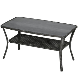 43.3" PE Rattan Outdoor Coffee Table with Storage Shelf, Hand-Woven Patio Wicker Side Table, 2-Layer Storage Table with Glass Top, for Garden, Porch, Backyard, Black