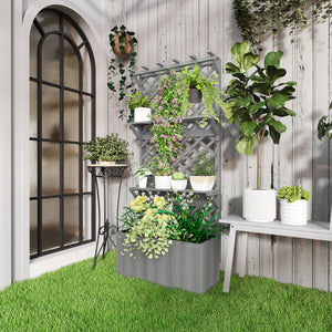Wooden Planter with Trellis, Raised Garden Bed with Hanging Roof, Plant Shelf, Drainage Holes and Bed Liner for Climbing Plants, Flowers, 30" x 13" x 70", Grey