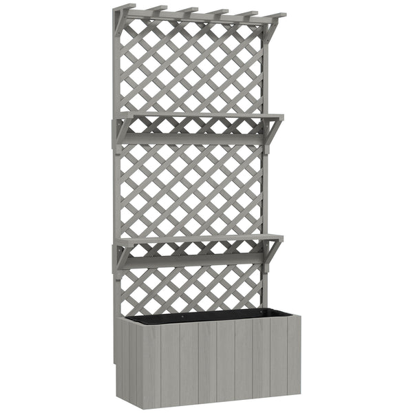 Wooden Planter with Trellis, Raised Garden Bed with Hanging Roof, Plant Shelf, Drainage Holes and Bed Liner for Climbing Plants, Flowers, 30" x 13" x 70", Grey