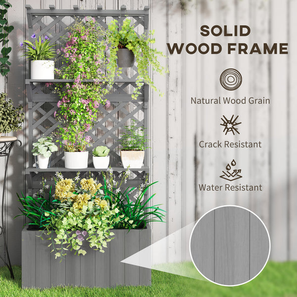 Wooden Planter with Trellis, Raised Garden Bed with Hanging Roof, Plant Shelf, Drainage Holes and Bed Liner for Climbing Plants, Flowers, 30" x 13" x 70", Grey