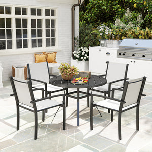 5 Piece Patio Table and Chairs, Outdoor Dining Set with Round Table and 4 Stackable Chairs, Steel Frame, for Backyard, Lawn, Deck, Balcony, Pool Side, Light Grey