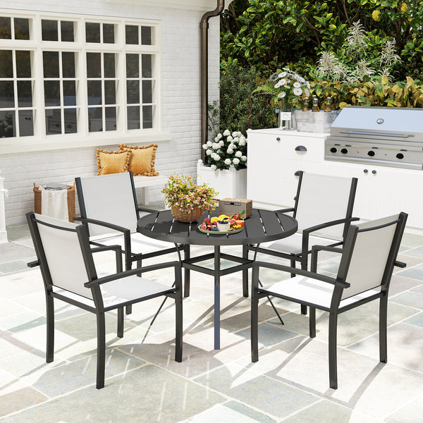 5 Piece Patio Table and Chairs, Outdoor Dining Set with Round Table and 4 Stackable Chairs, Steel Frame, for Backyard, Lawn, Deck, Balcony, Pool Side, Light Grey