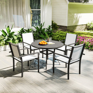 5 Piece Patio Table and Chairs, Outdoor Dining Set with Round Table and 4 Stackable Chairs, Steel Frame, for Backyard, Lawn, Deck, Balcony, Pool Side, Light Grey