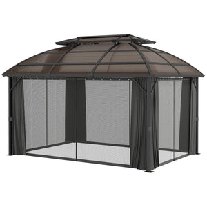 4 x 3(m) Polycarbonate Gazebo Outdoor, Hardtop Garden Patio Gazebo with Curtains, Nettings, Double Roof, Aluminium Frame for Lawn, Yard, Patio, Deck, Brown