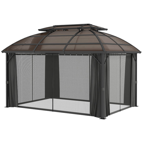 4 x 3(m) Polycarbonate Gazebo Outdoor, Hardtop Garden Patio Gazebo with Curtains, Nettings, Double Roof, Aluminium Frame for Lawn, Yard, Patio, Deck, Brown