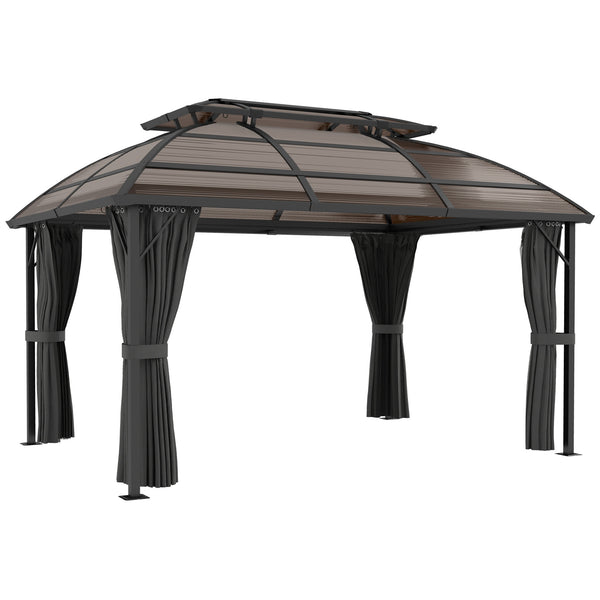 4 x 3(m) Polycarbonate Gazebo Outdoor, Hardtop Garden Patio Gazebo with Curtains, Nettings, Double Roof, Aluminium Frame for Lawn, Yard, Patio, Deck, Brown