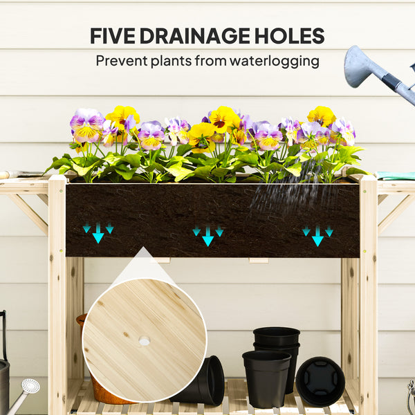 Raised Garden Bed, Wooden Elevated Planter Box with Lockable Wheels, Side Tables and Bottom Shelf, Outdoor Planter with Liner and Drainage Holes for Vegetables, Flowers, Fruits, Natural