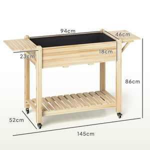 Raised Garden Bed, Wooden Elevated Planter Box with Lockable Wheels, Side Tables and Bottom Shelf, Outdoor Planter with Liner and Drainage Holes for Vegetables, Flowers, Fruits, Natural