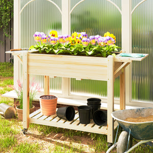 Raised Garden Bed, Wooden Elevated Planter Box with Lockable Wheels, Side Tables and Bottom Shelf, Outdoor Planter with Liner and Drainage Holes for Vegetables, Flowers, Fruits, Natural