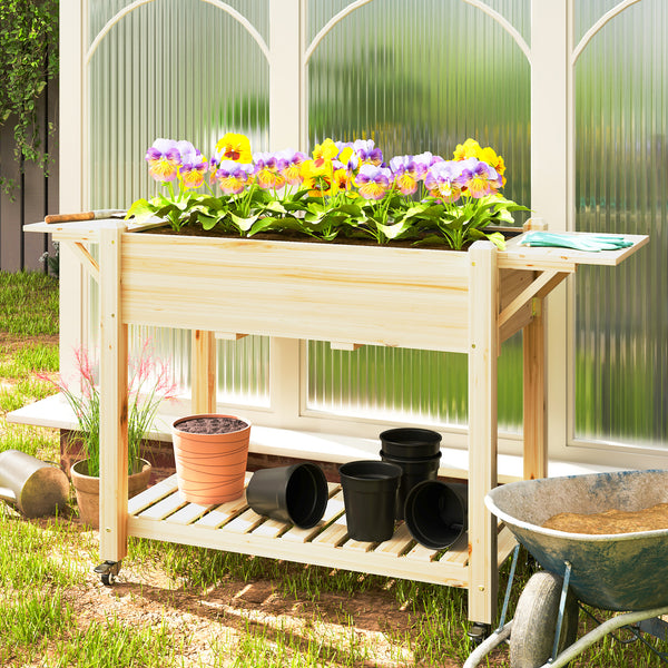 Raised Garden Bed, Wooden Elevated Planter Box with Lockable Wheels, Side Tables and Bottom Shelf, Outdoor Planter with Liner and Drainage Holes for Vegetables, Flowers, Fruits, Natural