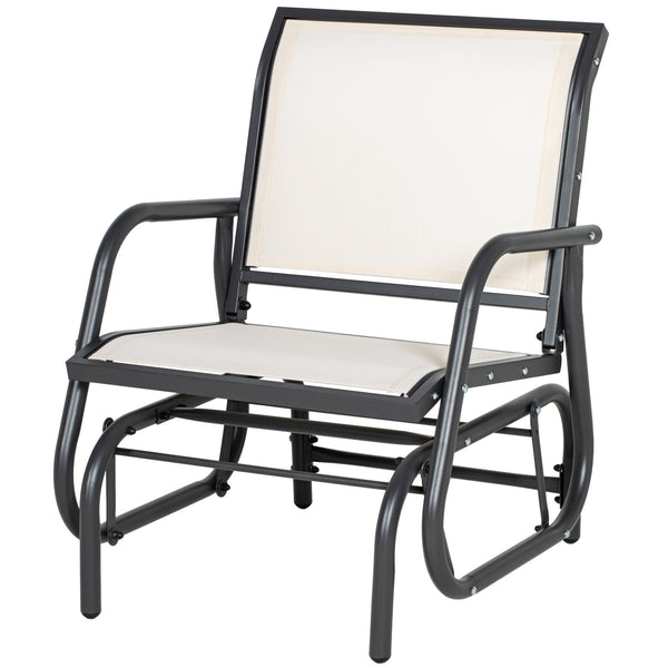 Porch Glider, Metal Frame Swing Glider Chair with Breathable Mesh Fabric, Curved Armrests and Steel Frame for Garden, Poolside, Backyard, Balcony, Cream White