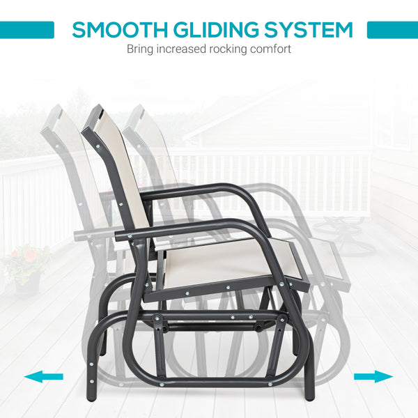 Porch Glider, Metal Frame Swing Glider Chair with Breathable Mesh Fabric, Curved Armrests and Steel Frame for Garden, Poolside, Backyard, Balcony, Cream White