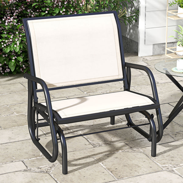 Porch Glider, Metal Frame Swing Glider Chair with Breathable Mesh Fabric, Curved Armrests and Steel Frame for Garden, Poolside, Backyard, Balcony, Cream White