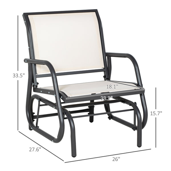 Porch Glider, Metal Frame Swing Glider Chair with Breathable Mesh Fabric, Curved Armrests and Steel Frame for Garden, Poolside, Backyard, Balcony, Cream White