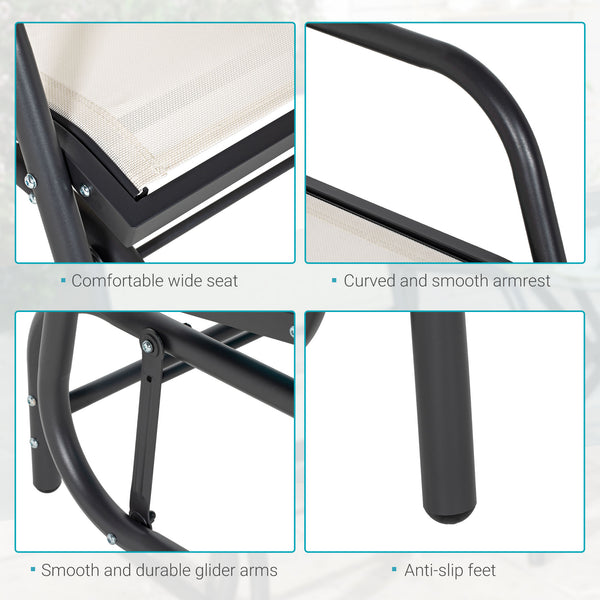 Porch Glider, Metal Frame Swing Glider Chair with Breathable Mesh Fabric, Curved Armrests and Steel Frame for Garden, Poolside, Backyard, Balcony, Cream White