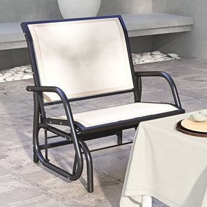 Porch Glider, Metal Frame Swing Glider Chair with Breathable Mesh Fabric, Curved Armrests and Steel Frame for Garden, Poolside, Backyard, Balcony, Cream White