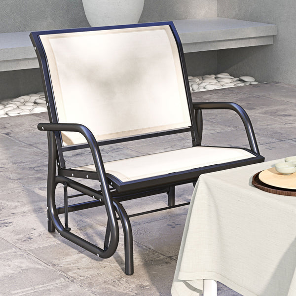 Porch Glider, Metal Frame Swing Glider Chair with Breathable Mesh Fabric, Curved Armrests and Steel Frame for Garden, Poolside, Backyard, Balcony, Cream White