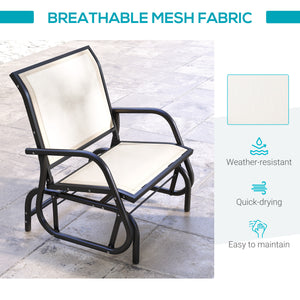 Porch Glider, Metal Frame Swing Glider Chair with Breathable Mesh Fabric, Curved Armrests and Steel Frame for Garden, Poolside, Backyard, Balcony, Cream White