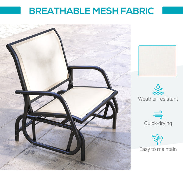 Porch Glider, Metal Frame Swing Glider Chair with Breathable Mesh Fabric, Curved Armrests and Steel Frame for Garden, Poolside, Backyard, Balcony, Cream White