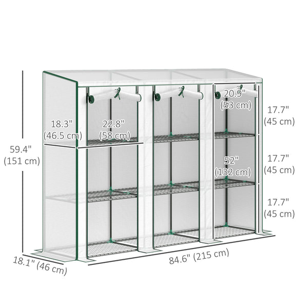 Lean-to Mini Greenhouse with 3 Tier Shelves, Portable Garden Hot House with 3 Roll-Up Doors for Indoor Outdoor, 84.6"x18.1"x56.7", White