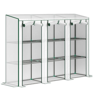 Lean-to Mini Greenhouse with 3 Tier Shelves, Portable Garden Hot House with 3 Roll-Up Doors for Indoor Outdoor, 84.6"x18.1"x56.7", White