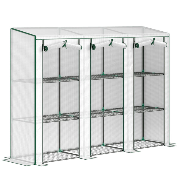 Lean-to Mini Greenhouse with 3 Tier Shelves, Portable Garden Hot House with 3 Roll-Up Doors for Indoor Outdoor, 84.6"x18.1"x56.7", White