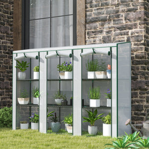 Lean-to Mini Greenhouse with 3 Tier Shelves, Portable Garden Hot House with 3 Roll-Up Doors for Indoor Outdoor, 84.6"x18.1"x56.7", White